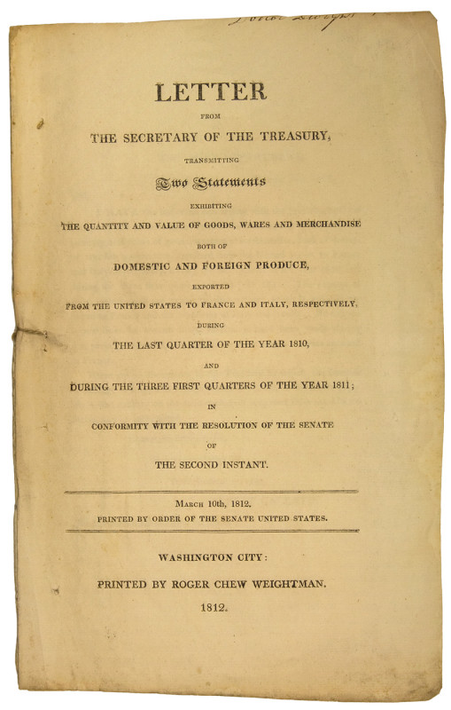 Report to Congress concerning foreign exports on the eve of the War of 1812