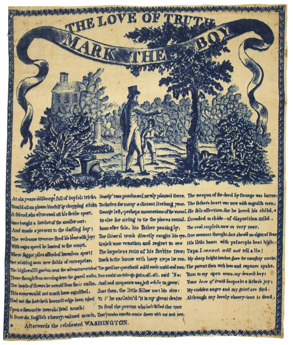 Textile illustration Washington's "cherry tree" tale by Mason Locke Weems