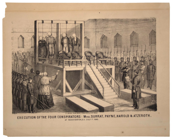 Lithograph of execution of four Lincoln conspirators, Surrat, Payne, Harold & Atzeroth