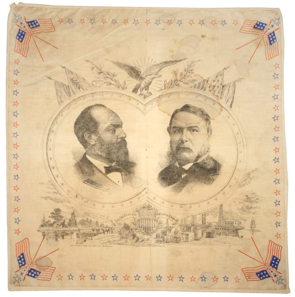 1880 Presidential campaign bandana with portraits of James Garfield and Chester A. Arthur