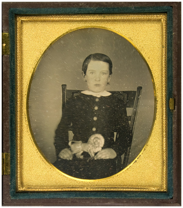 sixth-plate dageurrotype boy and stuffed lion