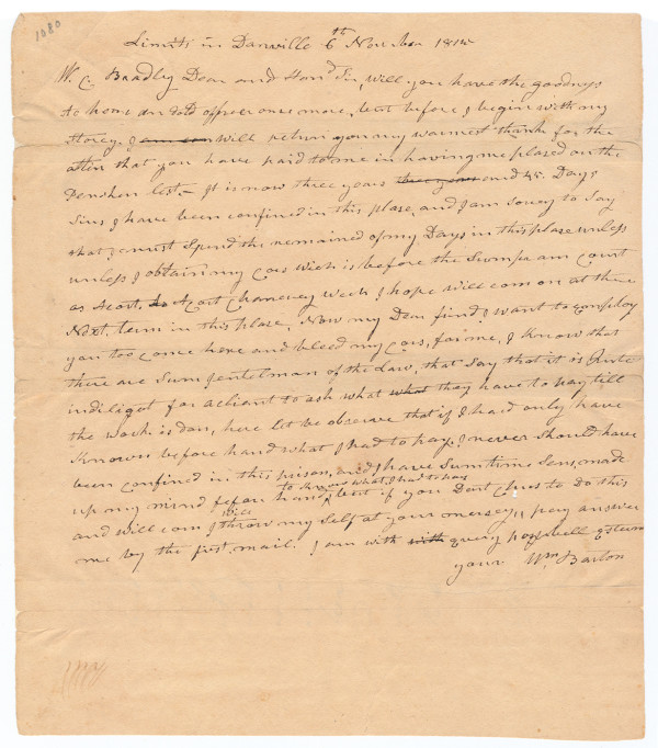 Revolutionary War hero William Barton writes from debtor's prison, 1815