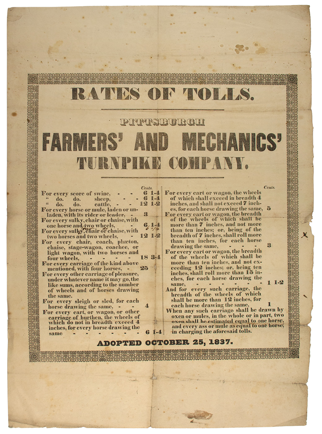 Farmers' and Mechanics' Turnpike Co. Broadside